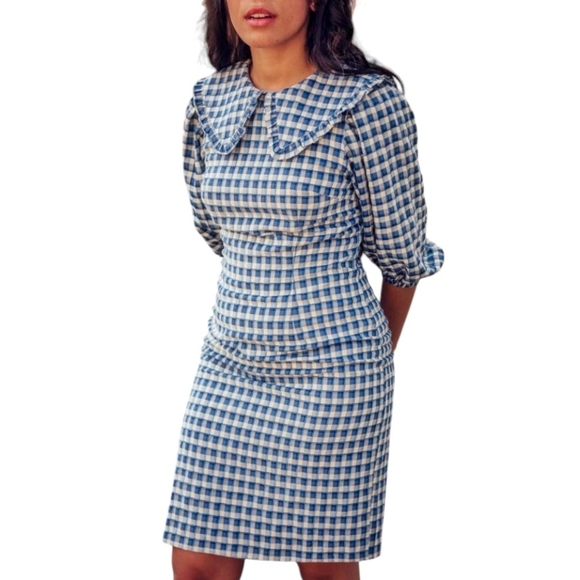JessaKae Dresses & Skirts - JESSAKAE Blue Gingham Plaid Dress Collar Puff Sleeve Textureed Cottage Country L